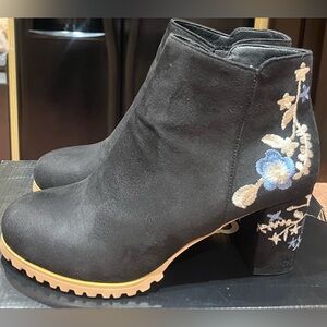 Black Faux Suede Embroidered Ankle Boots, Size 9
